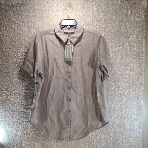 Hester Orchard Gray Tencel Chambray Blouse Large Cuffed Sleeves Button Up NWT